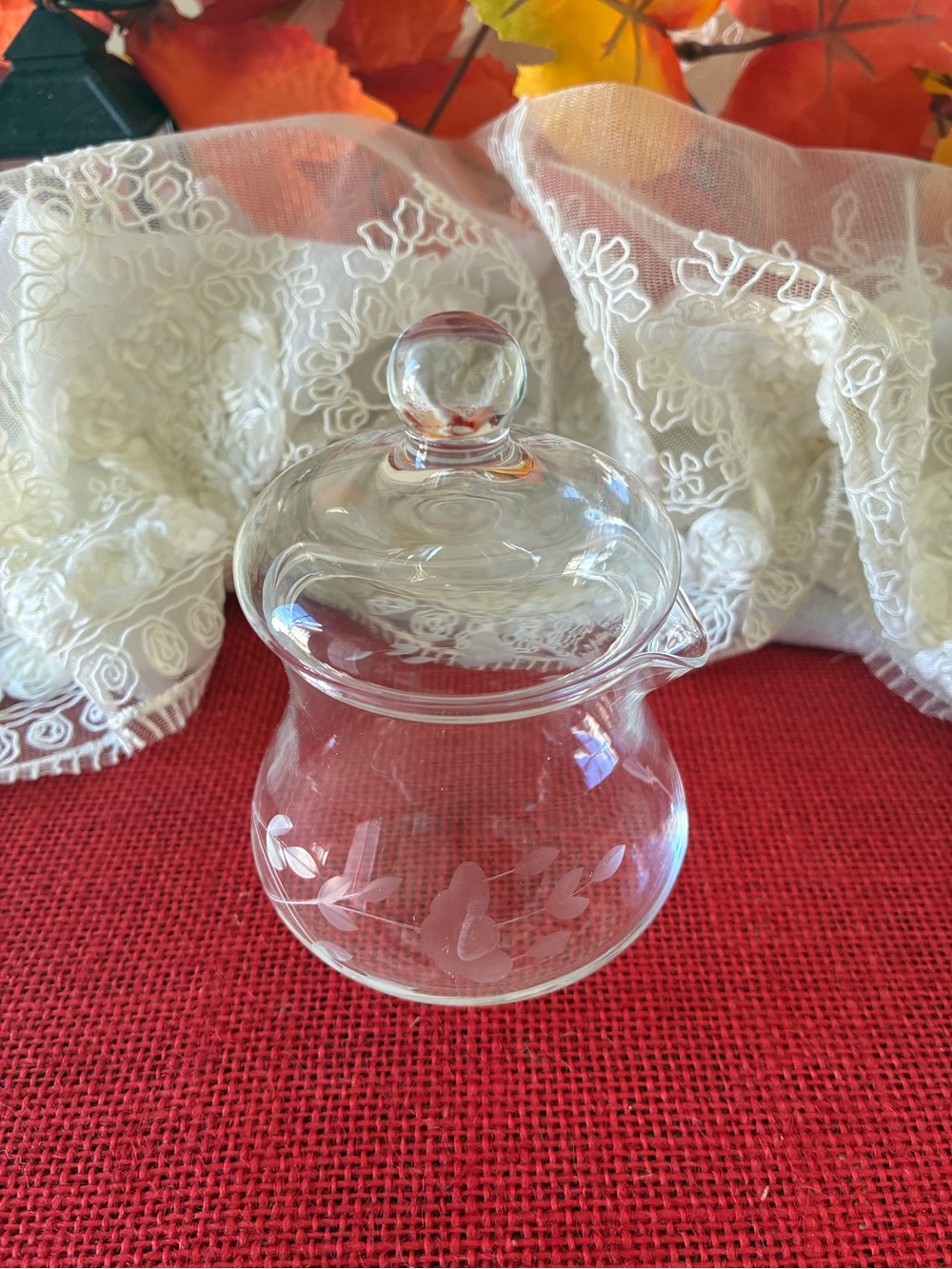 Princess House Clear Etched Glass Sugar Jar with Lid - Clear